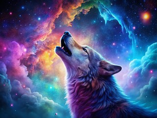 Fototapeta premium Iridescent Wolf in Cosmic Nebula: A Galactic Documentary