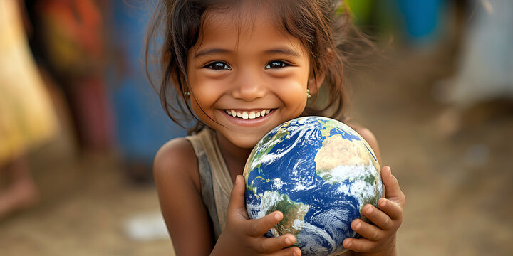 Adorable little girl holding Earth globe in her hands