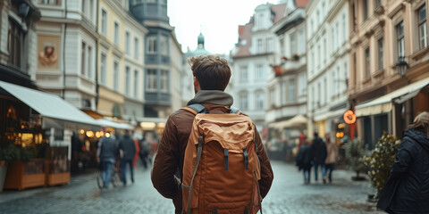 Obraz premium Male tourist guide showing European city to the group of tourists.