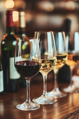 Glasses of different international wines on a counter in modern wine bar.