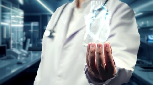 Close up of doctor holding heart anatomy hologram floating on hand. Skilled medical worker selecting and diagnosis heart symptom while preparing for heart surgery. Technology innovation. Remedial.