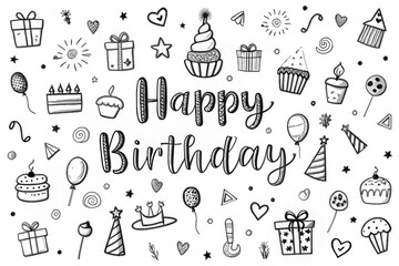 Fototapeta premium Black and white birthday doodle graphic design