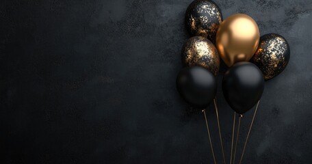 Black and gold balloons on dark textured background