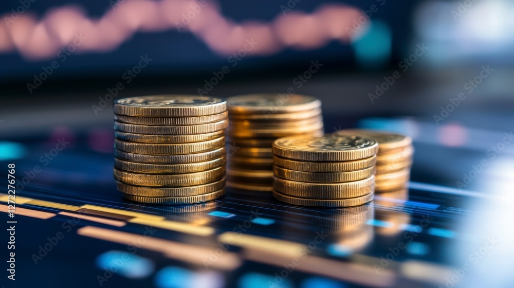 Poster stacks of coins on financial data. showing growth. possible use for investment, business success or 