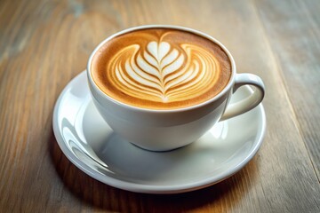 Isolated Flat White Coffee Latte Art in White Cup and Saucer - Minimalist Coffee Drink Stock Photo