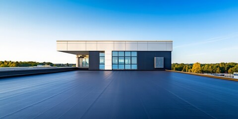 A modern and sleek commercial building characterized by a flat roof design, featuring a singleply EPDM membrane, all set against a strikingly clear blue sky and surrounded by lush greenery