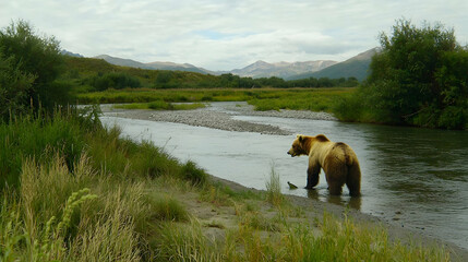 Grizzly bear by river in Alaskan wilderness