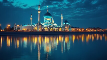 Obraz premium Evening cityscape of Kazan with panoramic precision. The glowing Kazanka River contrasts against the illuminated architecture of bridges and streets, bathed in moonlight