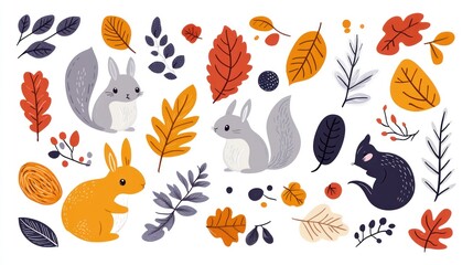 Fototapeta premium Fall themed illustration featuring leaves squirrels and an orange rabbit