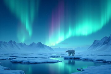 Naklejka premium polar bear on the ice with aura lights in sky
