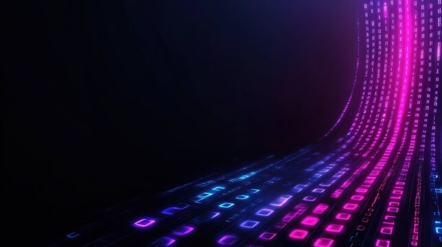 A dynamic digital wave of neon binary code flows elegantly in a dark space. The vibrant colors of blue and pink enhance the futuristic feel of this abstract representation of data.