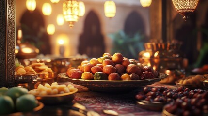 Colorful sugared fruits displayed on ornate platter, amidst a variety of dried fruits and snacks in a warm, decorative setting.