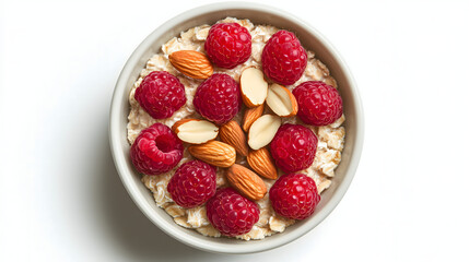 A bowl of breakfast cereal, clean and minimal food styling, muesli with almond slices and fresh raspberries_2