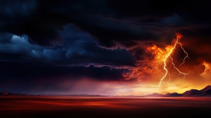 A dramatic landscape featuring a powerful thunderstorm with dark clouds and vibrant lightning illuminating the horizon, creating an awe-inspiring display of nature's fury.