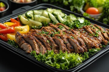 Sliced grilled steak with fresh vegetables and herbs in a take away box