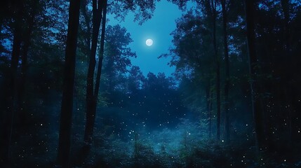 Moonlit Forest Path With Fireflies At Night