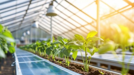 Sustainable Greenhouse Plants with Solar Panels for Organic Vegetable Growth