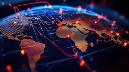 A detailed digital representation of a world map interconnected with glowing lines and nodes, symbolizing global connectivity, communication, and the online network infrastructure.