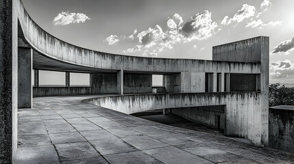 Obraz premium Modern concrete architectural walkway, elevated view of curved structures, with a partly cloudy sky