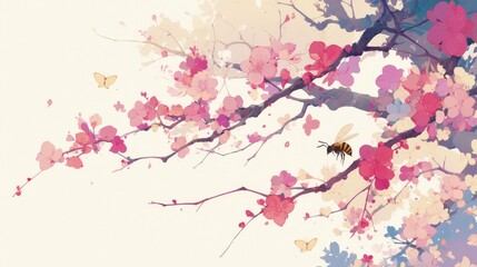 
Bees collecting nectar, butterflies flying, flowers blooming in spring