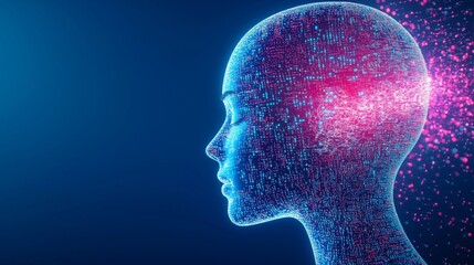 Silhouette of a human head composed of glowing digital patterns with a burst of color in a futuristic setting