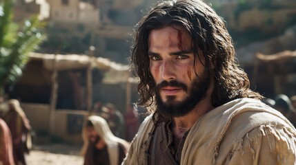 man with long hair and beard surrounded by people