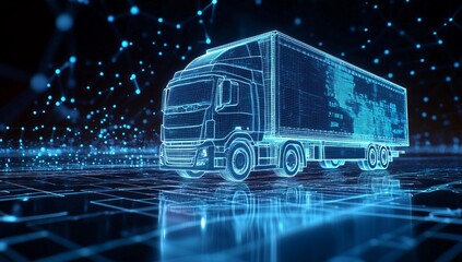 Advanced digital rendering of a futuristic truck with glowing lines and data patterns