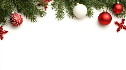 Festive Christmas Ornaments and Evergreen Branches Border