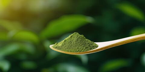 Green Matcha Powder On Wooden Spoon Against Lush Greenery
