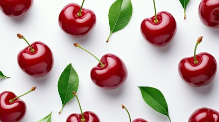 Ripe Red Cherries Arranged With Fresh Green Leaves