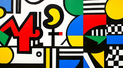 Vibrant geometric mural art adorns city building, showcasing bold shapes and colors against urban backdrop for design inspiration