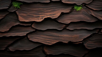 A close-up view of textured, layered bark with hints of green moss. The intricate patterns create a natural art piece, showcasing the beauty of tree bark in a serene environment.