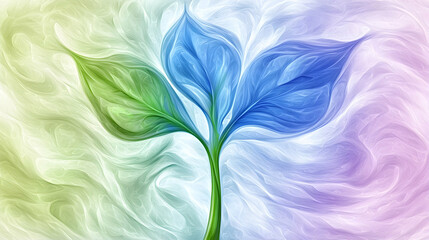 Fototapeta premium Abstract pastel floral design; three stylized leaves sprout; swirling background; website, print, or social media graphic