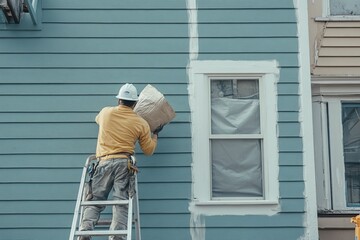A painter on a ladder is applying exterior paint to a house