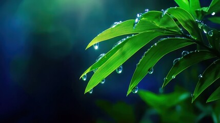 Fototapeta premium A close-up view of fresh green leaves adorned with glistening droplets of water, captured in a serene and vibrant atmosphere, symbolizing nature's beauty and freshness.
