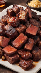A hearty stack of perfectly cooked and glistening meat cubes, promising a savory culinary delight. Appetizing texture visible.