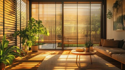Sunny modern living room with patio view, interior design, relaxation
