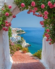 Fototapeta premium White arch with pink roses framing a seaside path and coastal town in southern Italy