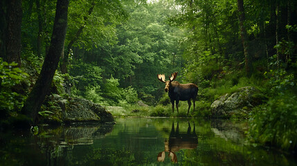 Majestic moose standing in tranquil forest stream, lush greenery background, nature documentary use
