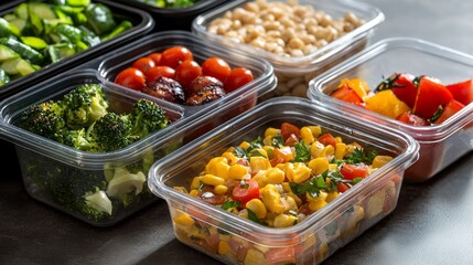 A variety of vibrant, nutritious lunch foods are neatly arranged in reusable containers, showcasing a range of vegetables ideal for a healthy meal on the go. Perfect for meal prep