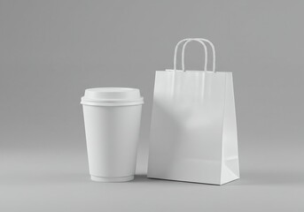 Mockup of Take-Away White Coffee Cup Beside a White Paper Bag
