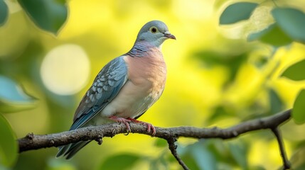 Obraz premium Colorful pigeon perched on a branch amid greenery