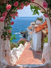 Fototapeta premium A white arch with pink roses frames a seaside path and town in southern Italy