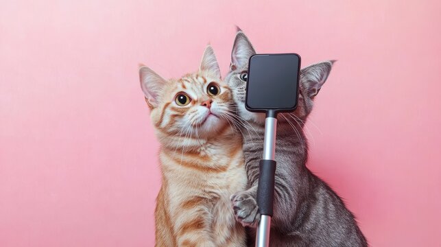 Two cats taking selfie against pink background. Possible use Social media, pet products, humor