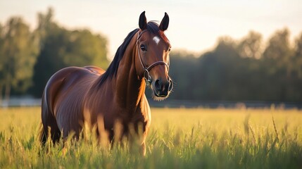 Fototapeta premium Majestic brown horse standing in a sunlit field
