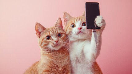 Two ginger cats taking a selfie against a pink background.  Possible use  Funny animal picture, social media