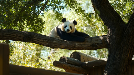 Obraz premium Relaxed Panda Resting on Tree Branch in Zoo Enclosure