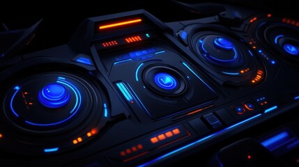 A close-up view of a futuristic control panel featuring vibrant blue and orange lights, perfect for themes of innovation and modern technology.