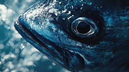 Close-up of a Fish's Eye in the Ocean: Deep Blue Hues and Water Texture