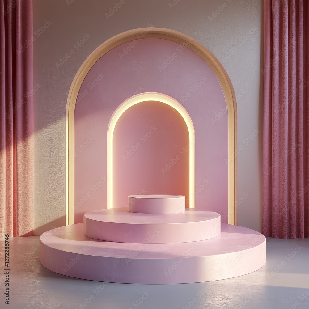 Canvas Prints Abstract minimal scene with round podium, arch and curtain. 3d render